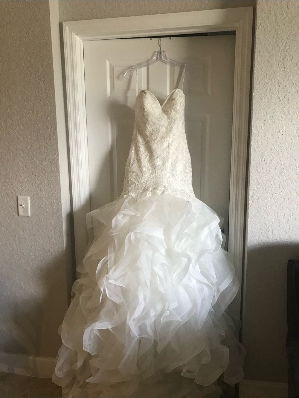 madison james White Lace Bodice Ruffled Organza Ball Gown